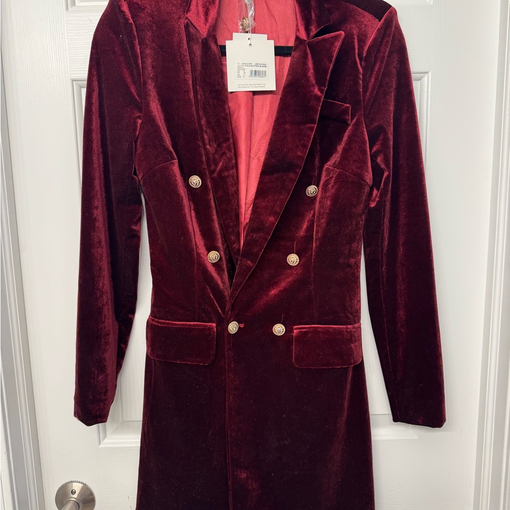 Velvet Double-Breasted Burgundy blazer dress w/ gold button detail